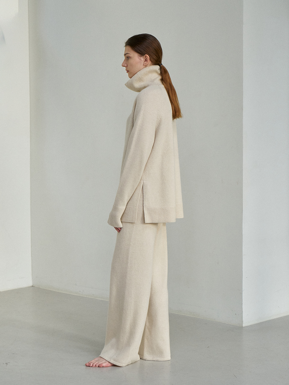 Cashmere long wide pants ivory